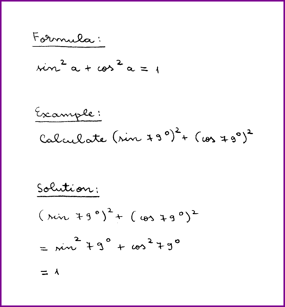Example: determine the perimeter of an equilateral triangle given the sin^2 a + cos^2 a (formula and example) (trigonometry) (handwritten