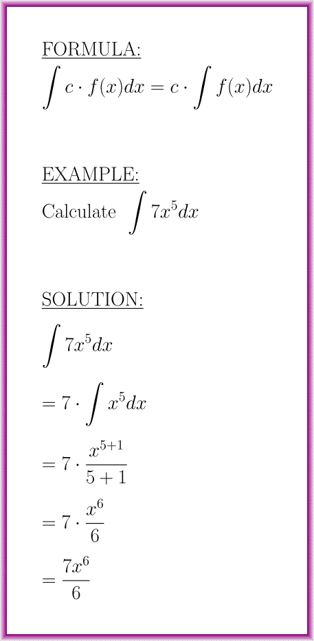The antiderivative of a function multiplied by a constant (formula with example)