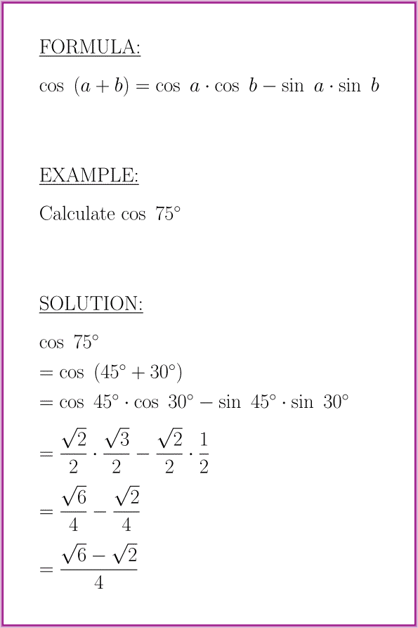 The cosine of sum (formula with example)