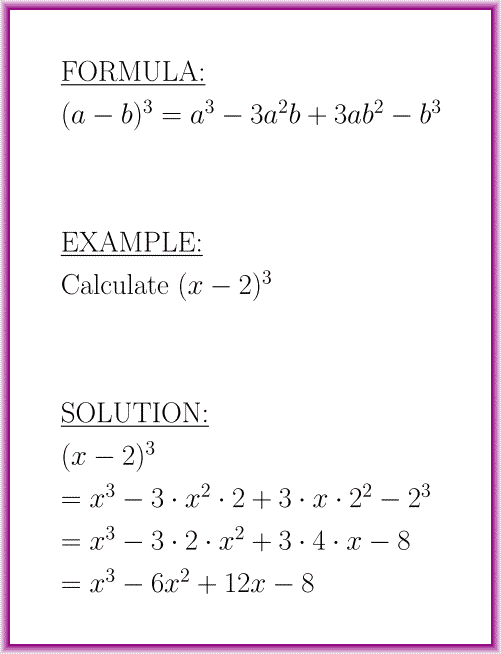 The cube of the binomial difference (formula with example)