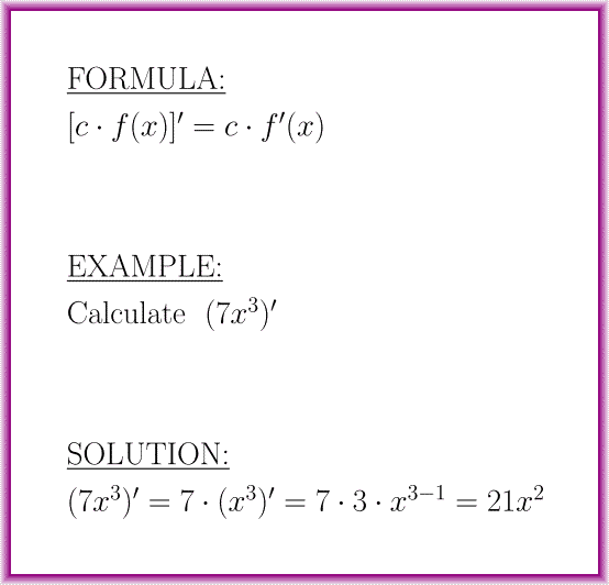 The derivative of a function multiplied by a constant (formula with example)