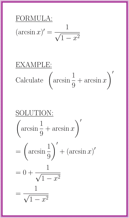 The derivative of arcsin (formula with example)
