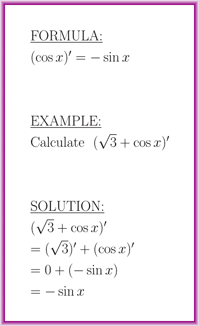 The derivative of cosine (formula with example)