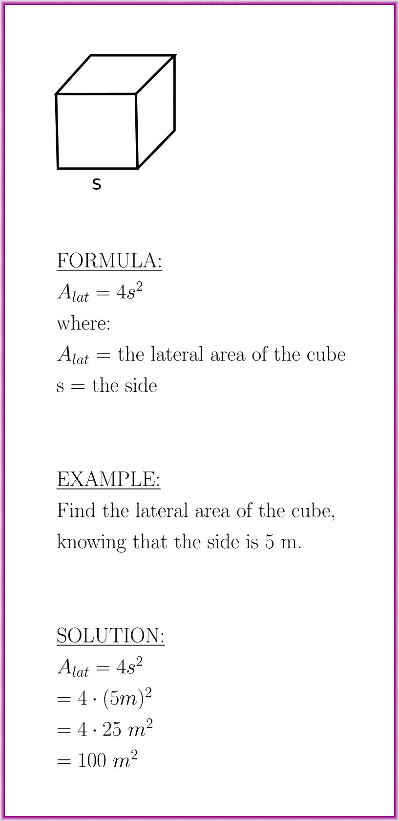 The lateral area of the cube (formula with example)