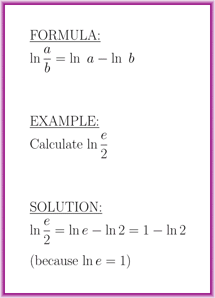 The natural logarithm quotient rule (formula with example)