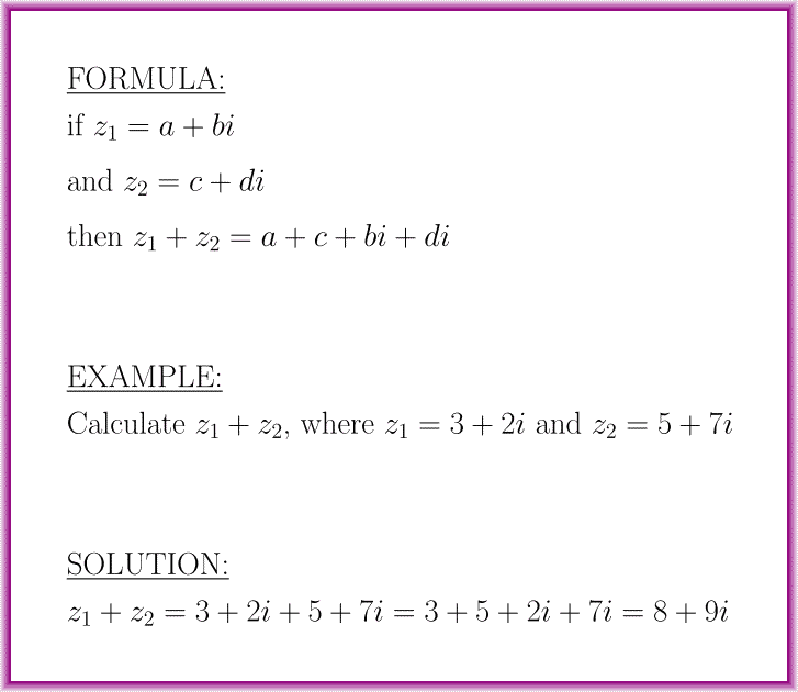 The sum of two complex numbers (formula with example)