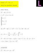 Factor x^2 - 4x + 4 using the quadratic formula