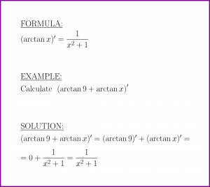 The derivative of arctan (formula and example)
