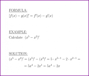 The derivative of difference of functions (formula and example)