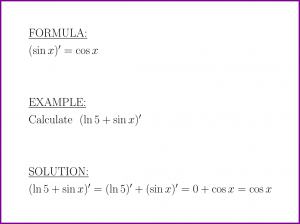 The derivative of sine (formula and example)