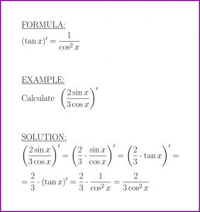 The derivative of tangent (formula and example)