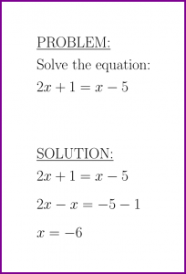 Solve 2x + 1 = x - 5 (first degree equation) (problem with solution)