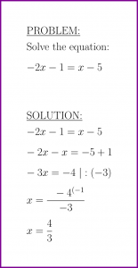 Solve -2x-1=x-5 (first degree equation) (problem with solution)