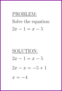 Solve 2x-1=x-5 (first degree equation) (problem with solution)