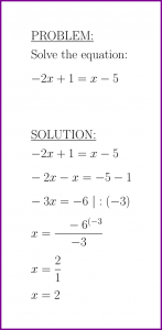 Solve -2x+1=x-5 (first degree equation) (problem with solution)