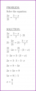 Solve 2x/21=(3-x)/7 (first degree equation) (problem with solution)