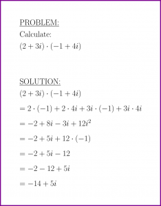 Calculate (2+3i)*(-1+4i) (product of complex numbers) (problem with solution)