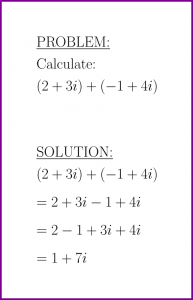 Calculate (2+3i)+(-1+4i) (sum of complex numbers) (problem with solution)