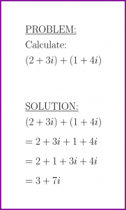 Calculate (2+3i)+(1+4i) (sum of complex numbers) (problem with solution)