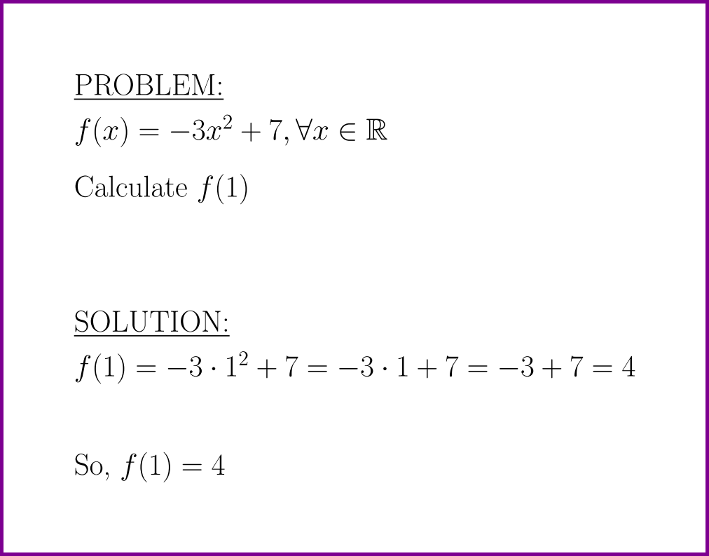 Function Calculation Calculate f(1) where f(x) = -3x^2 + 7 (calculate value of function ...