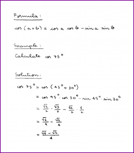 cos (a + b) (formula and example) (cosine of sum) (trigonometry) (handwritten)