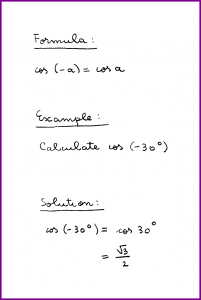 cos (-a) (formula and example) (cosine of negative angle) (trigonometry) (handwritten)