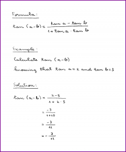 tan (a - b) (formula and example) (tangent of difference) (trigonometry) (handwritten)