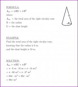 Total area of the right circular cone (formula and example)