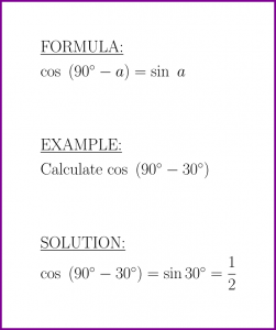 cos (90 degrees - a) (formula and example) (cosine of complement)