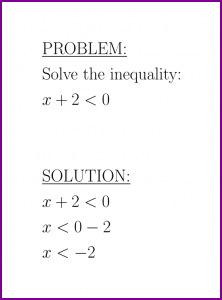 Solve x+2<0 (first degree inequality)