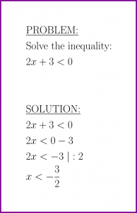 Solve 2x+3<0 (first degree inequality)