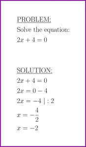 Solve 2x+4=0 (first degree equation)