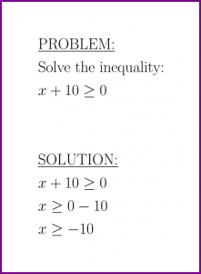Solve x+10>=0 (first degree inequality)