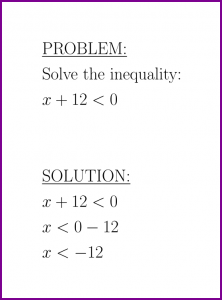 Solve x+12<0 (first degree inequality)