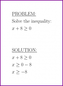 Solve x+8>=0 (first degree inequality)