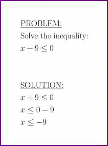 Solve x+9<=0 (first degree inequality)