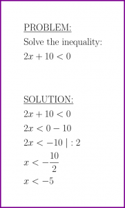 Solve 2x+10<0 (first degree inequality)