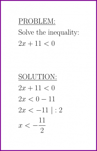 Solve 2x+11<0 (first degree inequality)