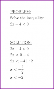 Solve 2x+4<0 (first degree inequality)
