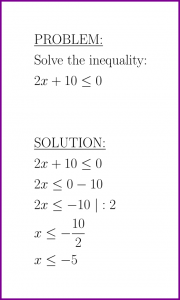 Solve 2x+10<=0 (first degree inequality)