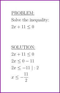 Solve 2x+11<=0 (first degree inequality)