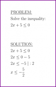Solve 2x+5<=0 (first degree inequality)
