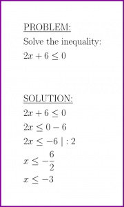 Solve 2x+6<=0 (first degree inequality)