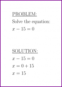 Solve x-15=0 (first degree equation)