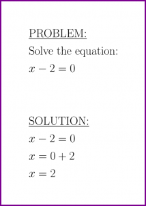 Solve x-2=0 (first degree equation)