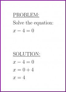 Solve x-4=0 (first degree equation)