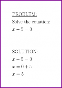 Solve x-5=0 (first degree equation)