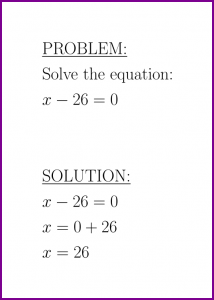 Solve x-26=0 (first degree equation)
