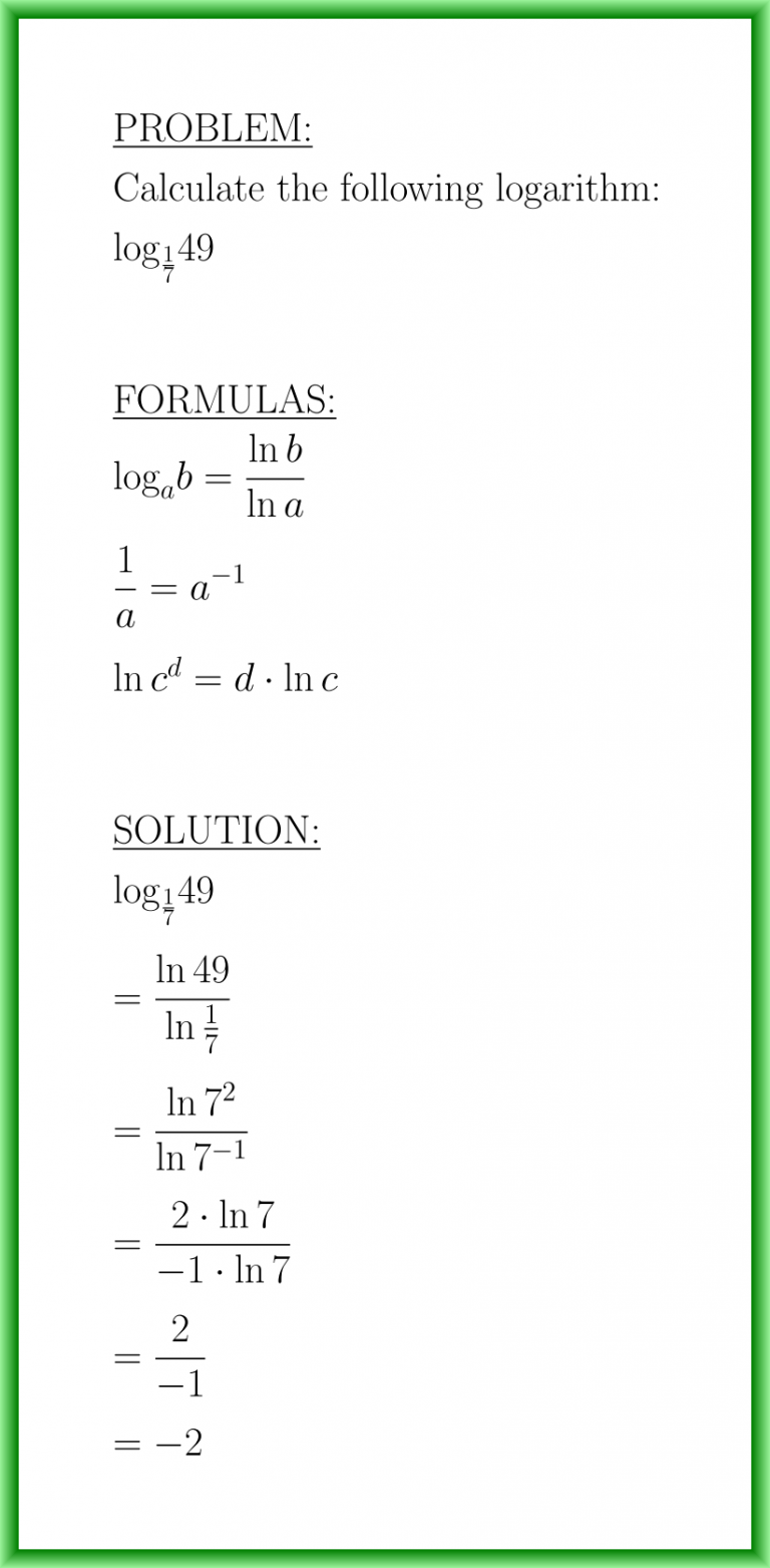 Calculate logarithm of 49 to base 1 over 7 (algebra)