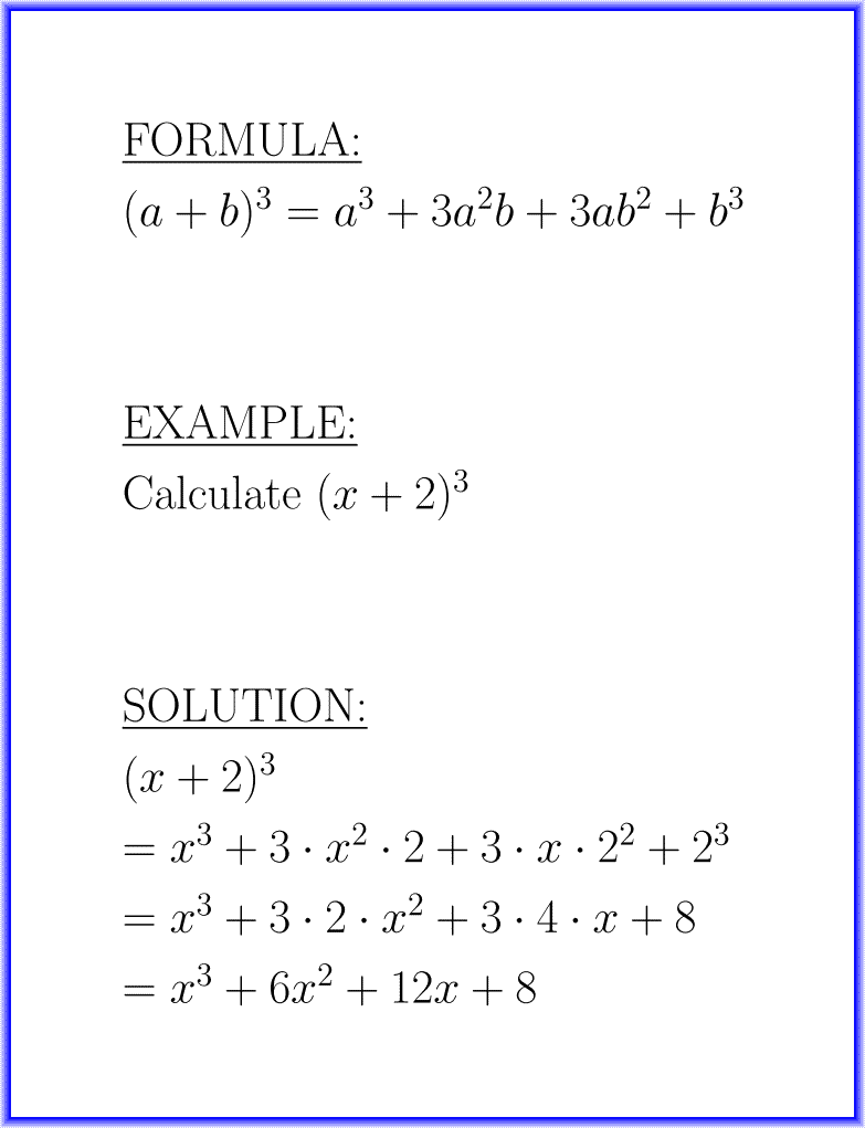 The cube of the binomial sum : formula with example
